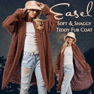 EASEL Cozy Soft Teddy Fur Coat Lined Pink & Black Animal Print